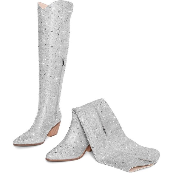 Women Silver Faux Leather Sparkly Bling Rhinestone Over the Knee Cowboy Boot - Picture 3 of 9